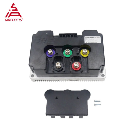 Black electronic control module with four colored terminal connectors (purple, green, yellow, red) and a separate black cover plate with two silver screws, shown on a white background with the SIAECOSYS logo in the top-left corner.