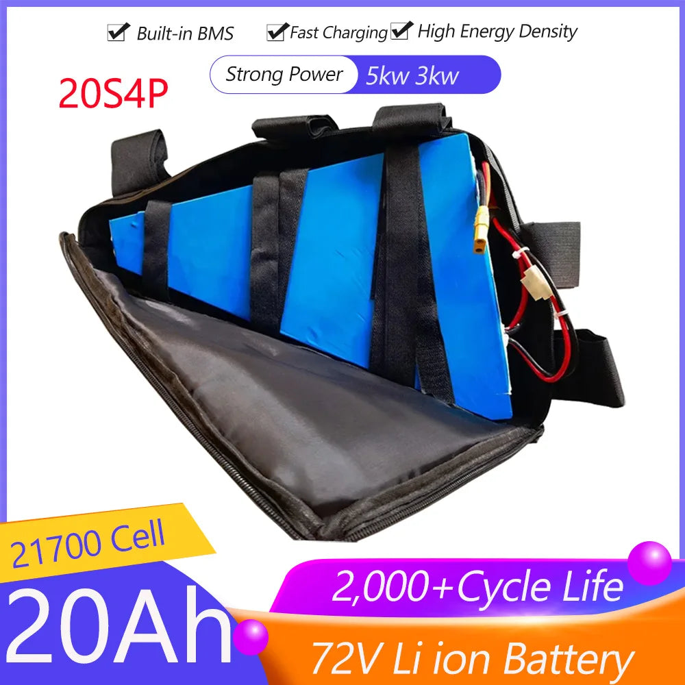 A 72V 20Ah Li-ion battery pack with multiple blue and black cells inside a black protective case, shown on a white background with promotional text overlays.