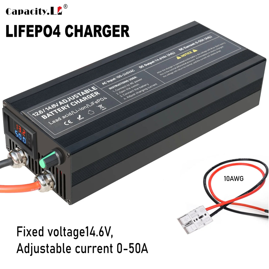 A black Capacity 12 LifePO4 battery charger shown on a white background with product text overlays and a small connector diagram. The charger has a top label with technical specifications, a digital display on the side, and attached cables.
