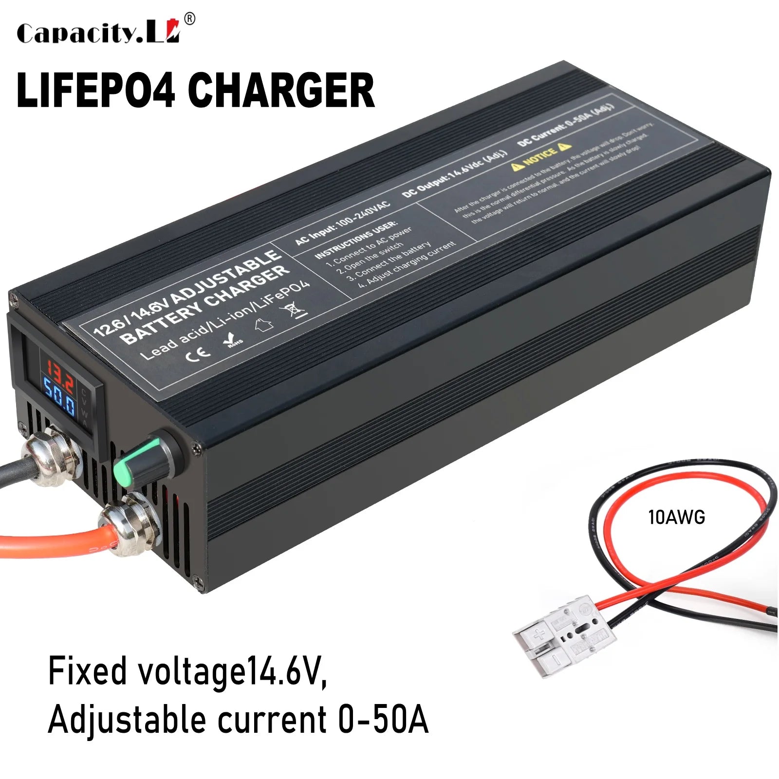 A black Capacity 12 LifePO4 battery charger shown on a white background with product text overlays and a small connector diagram. The charger has a top label with technical specifications, a digital display on the side, and attached cables.