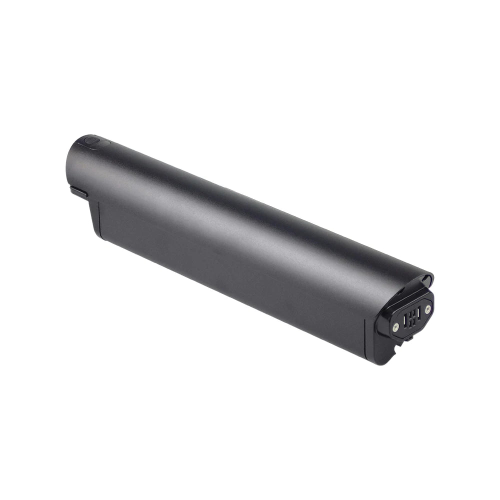 A black cylindrical rechargeable battery with a matte finish, shown at an angle on a plain white background.