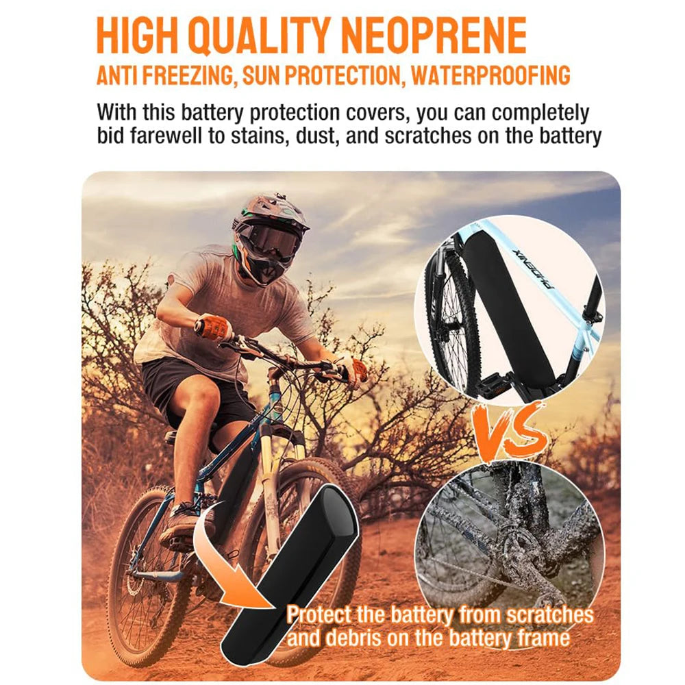 Promotional graphic for a neoprene battery protection cover, showing a cyclist on a mountain bike in a desert setting, close-up circular insets of the black cover on a bike and a wet close-up demonstrating protection, with text highlighting waterproofing and scratch resistance.