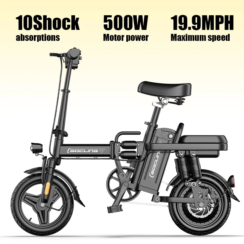A black folding electric bicycle shown on a light gradient background with marketing text at the top reading '10Shock absorptions', '500W Motor power', and '19.9MPH Maximum speed'.