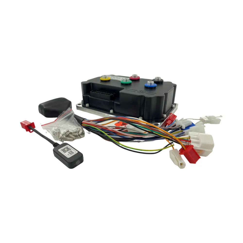 A black electronic control box with multicolored wiring, multiple connector plugs, a small black remote or sensor, and a bag of screws, photographed on a plain white background.