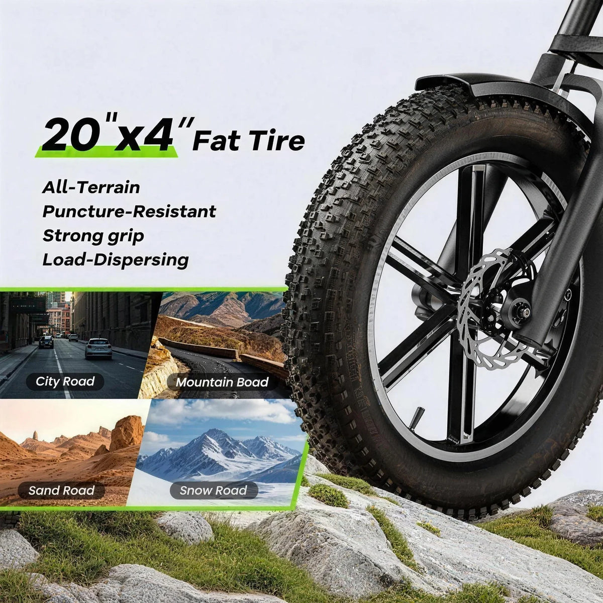Bicycle tire with specifications and road conditions on a scenic background