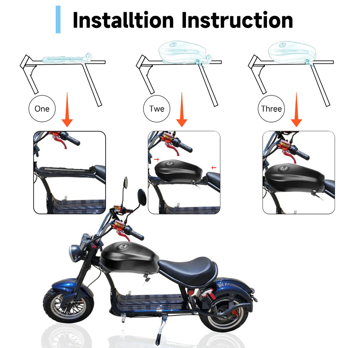 Installation instructions for a scooter with step-by-step diagrams on a white background.