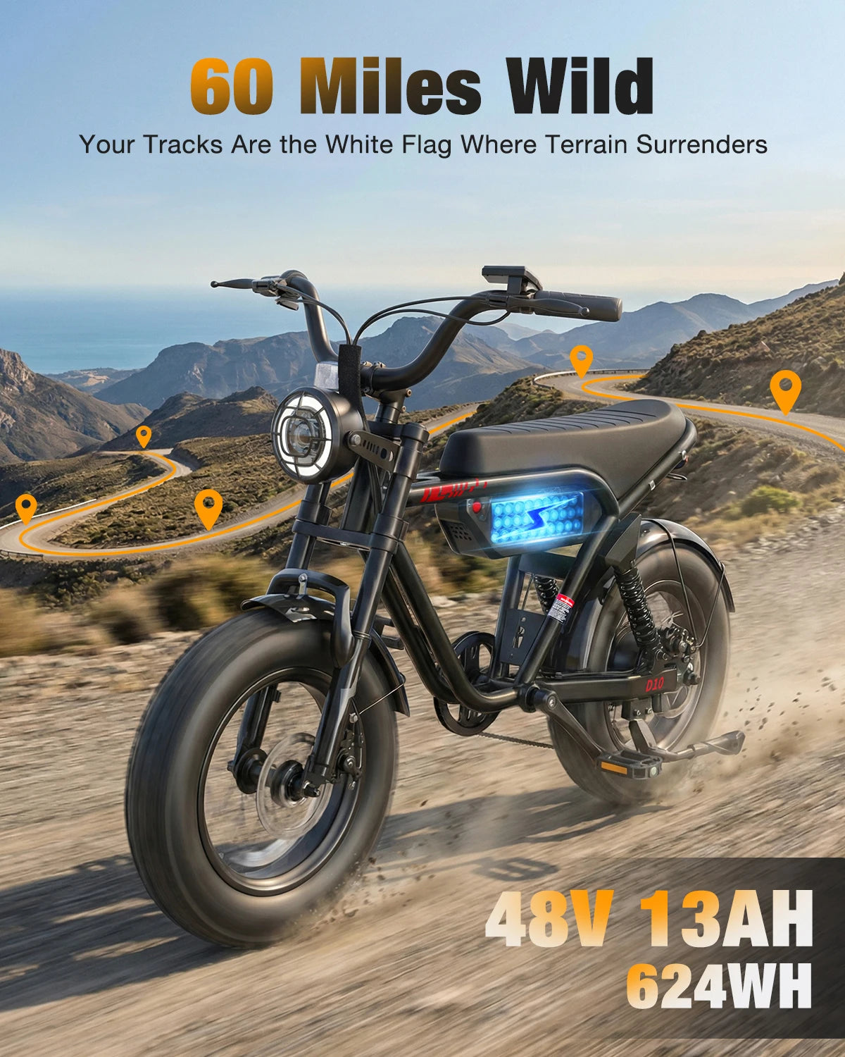 A black electric dirt bike with fat tires is shown driving on a dusty mountain track, with promotional text reading '60 Miles Wild' and '48V 13AH 624WH' plus location-pin graphics over the path.