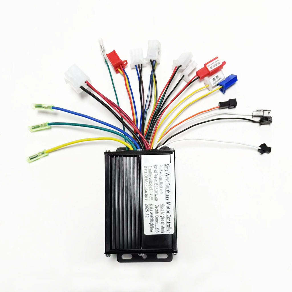 A black rectangular motor controller with multiple colored wires and connectors fanning out from the top, photographed on a plain white background.