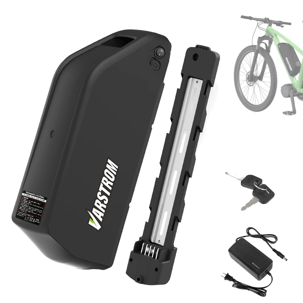 Black battery pack with Varstrom branding, key, and charger on a white background