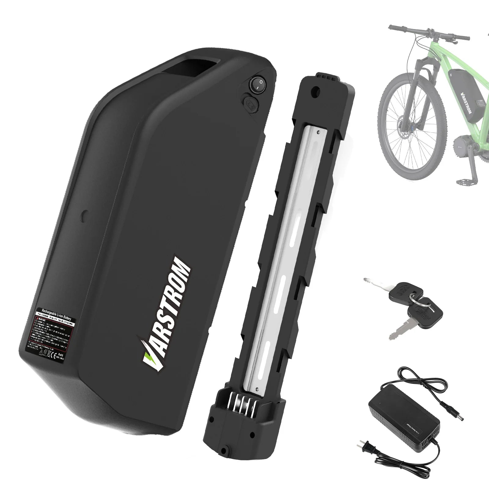Black battery pack with Varstrom branding, key, and charger on a white background