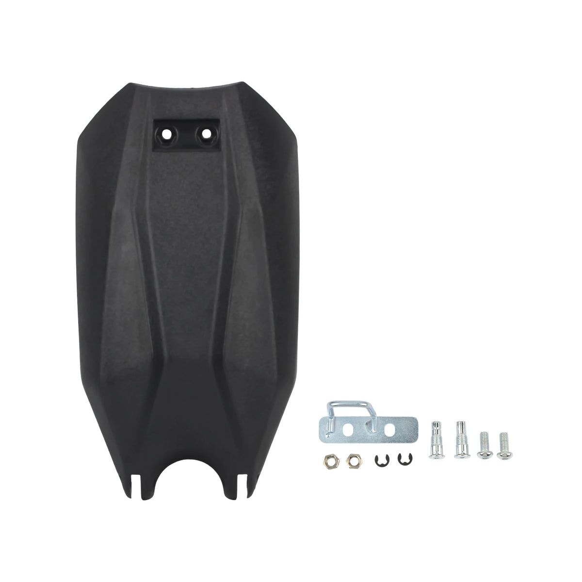 Black molded plastic motorcycle or scooter side panel with mounting hardware including a metal bracket, screws, and washers, shown on a plain white background.