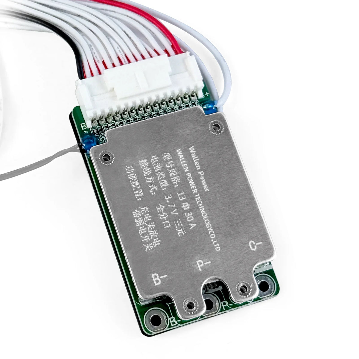 A wireless remote control receiver module with a green PCB board, a silver metal shield, and a white multi-pin connector with red, white, and black wires, shown on a white background.