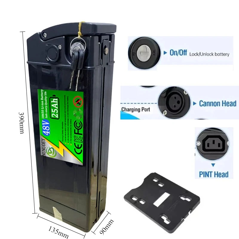Black rectangular lithium-ion battery pack with a green and white label, shown with dimension markings (390mm height, 135mm width, 90mm depth) and inset close-ups of connection and charging ports, plus a mounting bracket on a white background.