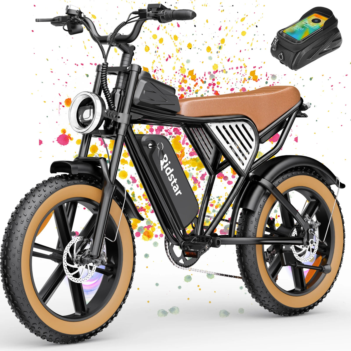 A black electric bicycle with tan sidewall tires, a brown seat, and a visible Ridstar battery pack, shown on a white background with colorful paint splatters and a small inset of a matching bag.