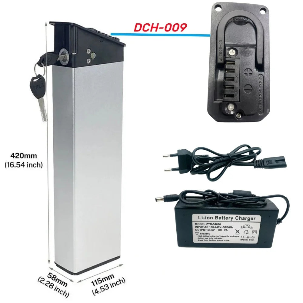 A silver rectangular lithium-ion battery with a black top cover and key, shown with dimension labels, a black mounting bracket, and a black Li-ion battery charger on a white background.