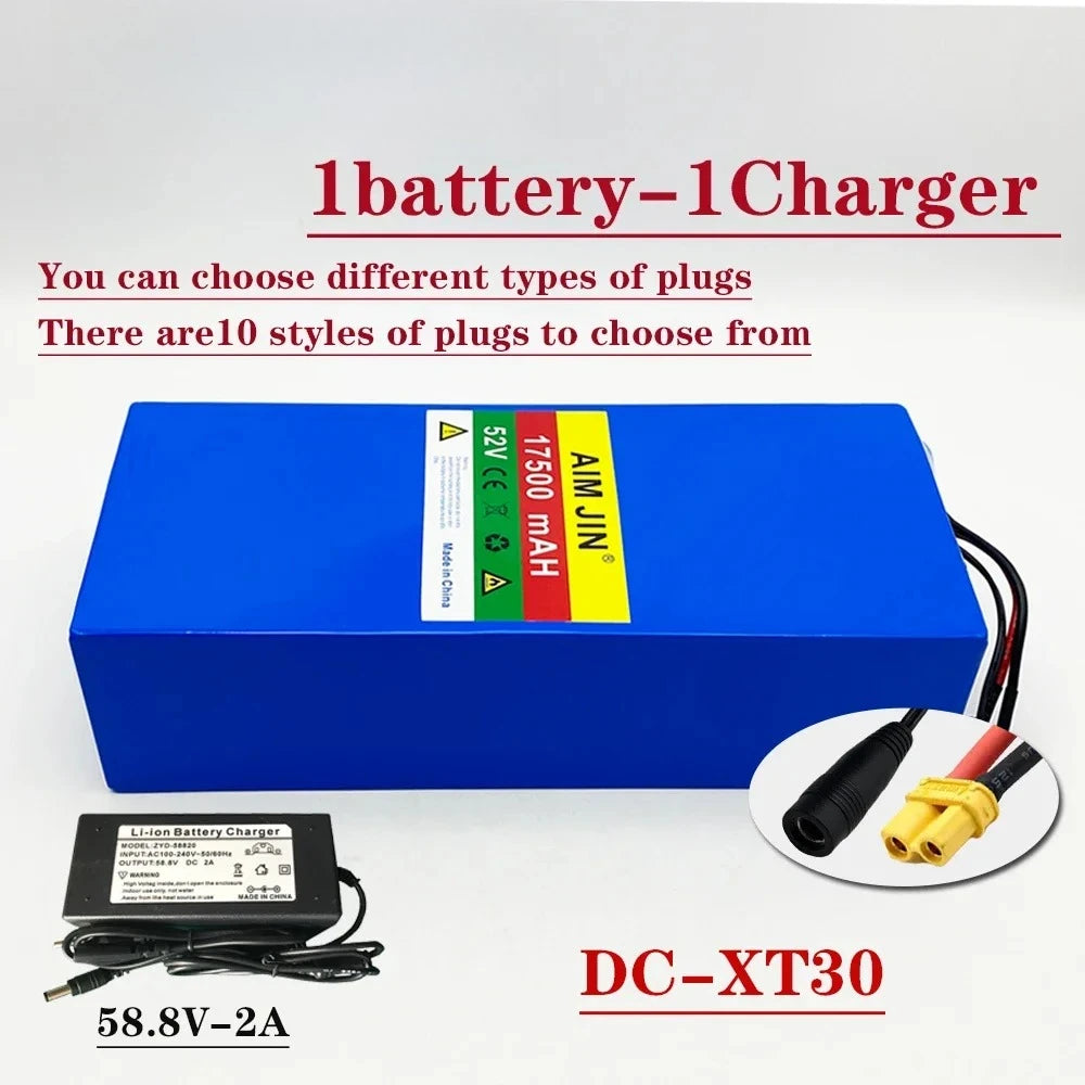 A blue rectangular lithium-ion battery pack with a label reading 32V 1750 MAH, shown with a black charger, plug options in an inset circle, and text overlays including '1battery-1Charger' and 'DC-XT30' on a white background.