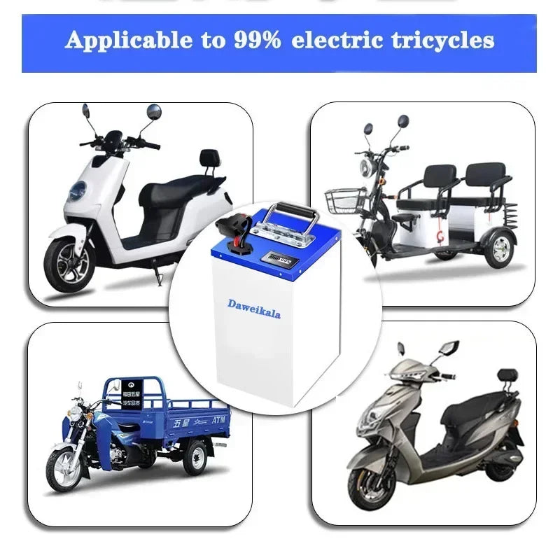 A collage showing an electric tricycle battery pack in the center, surrounded by four different electric tricycles and scooters on a white background, with a blue header that reads 'Applicable to 99% electric tricycles'. The battery pack has the brand name 'DaweiLan' printed on it.