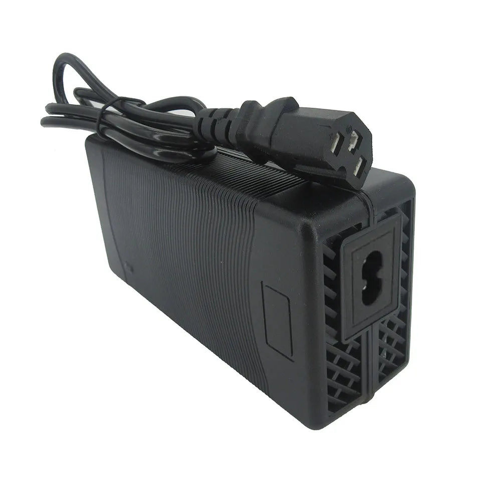 Black power adapter with a cord on a white background