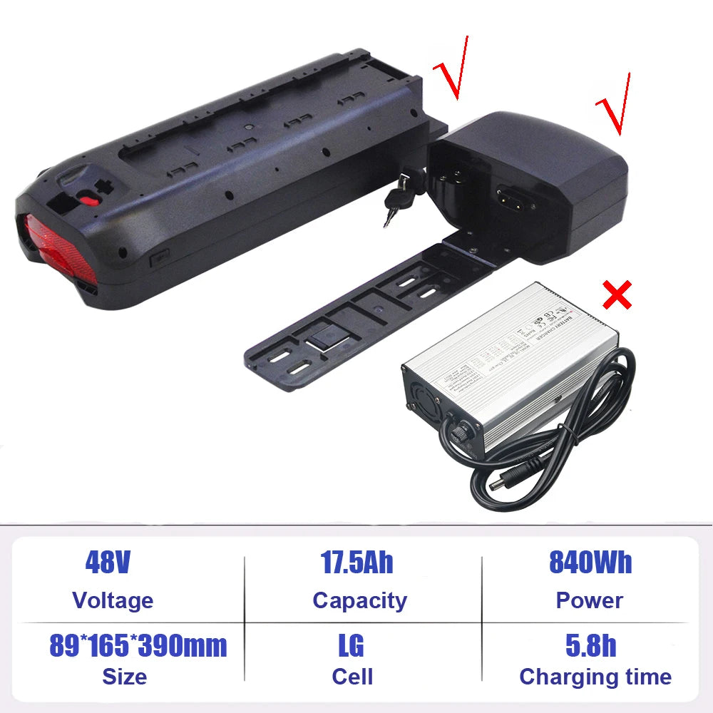 A battery charger kit shown on a white background with a feature comparison graphic. The kit includes a black battery terminal block with a red accent, a black adapter, a silver metal power supply, and a mounting bracket.