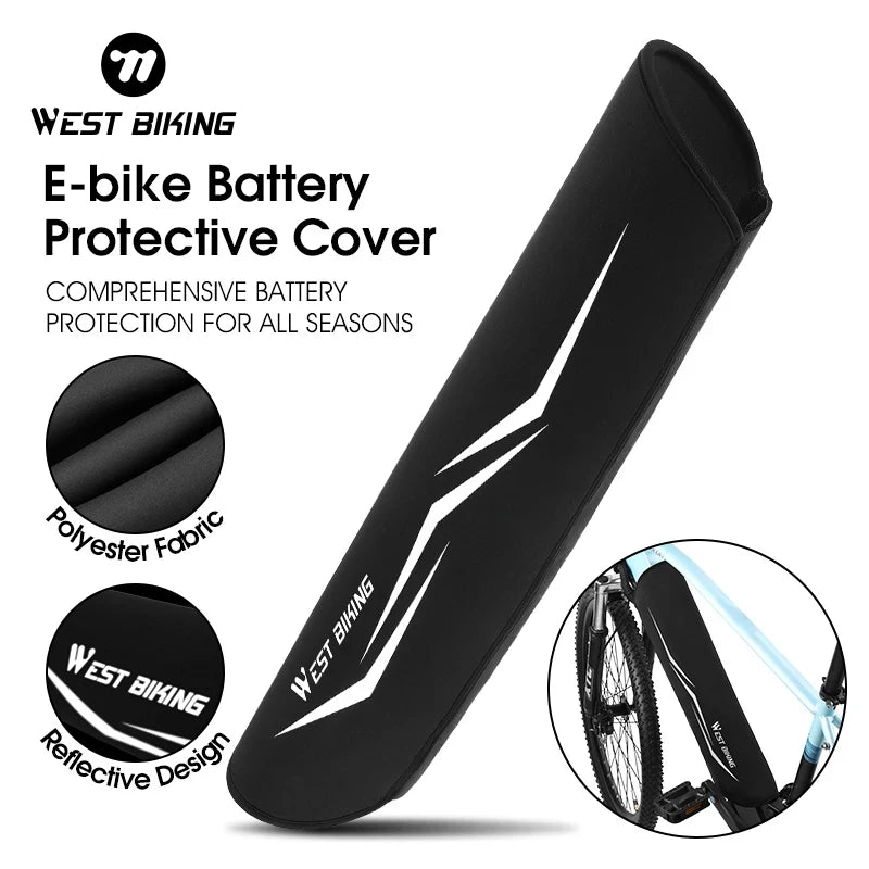 West Biking e-bike battery protective cover in black with reflective white graphics, shown on a white background with product text, fabric close-up inset, reflective design inset, and a bike installation example.