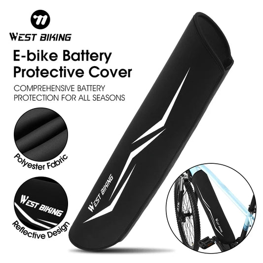 West Biking e-bike battery protective cover in black with reflective white graphics, shown on a white background with product text, fabric close-up inset, reflective design inset, and a bike installation example.