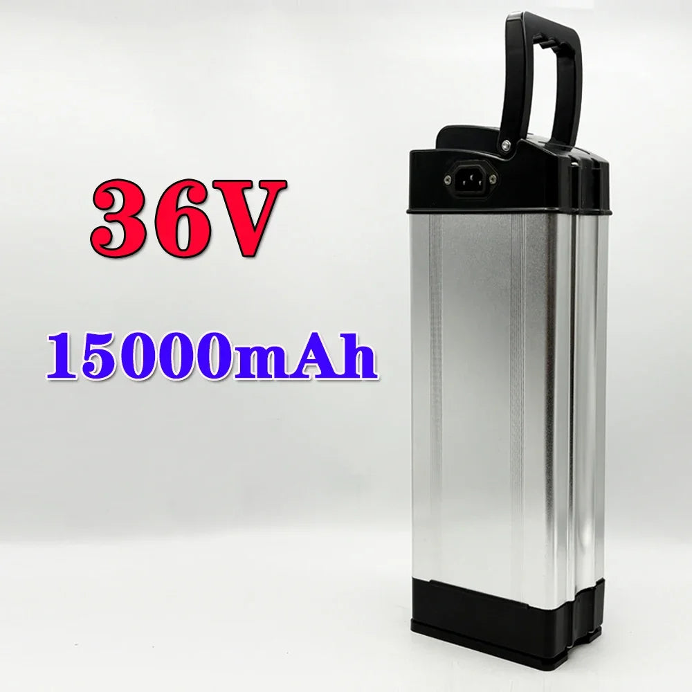 A 36V 15000mAh portable power bank battery with a brushed silver aluminum body and black plastic top and bottom, shown on a light gray background with red and blue text overlays.