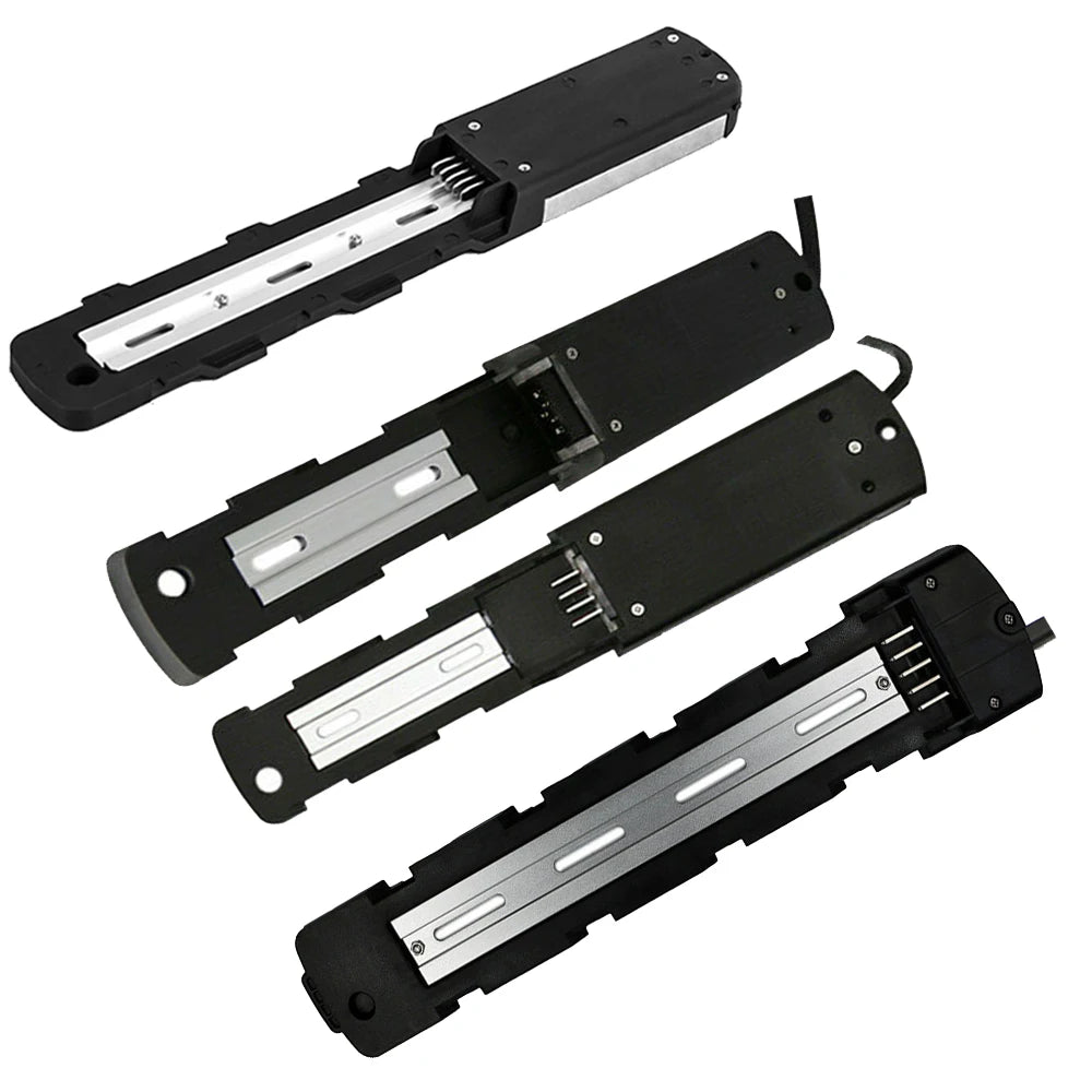 Four black and silver linear guide rails shown from different angles on a plain white background.