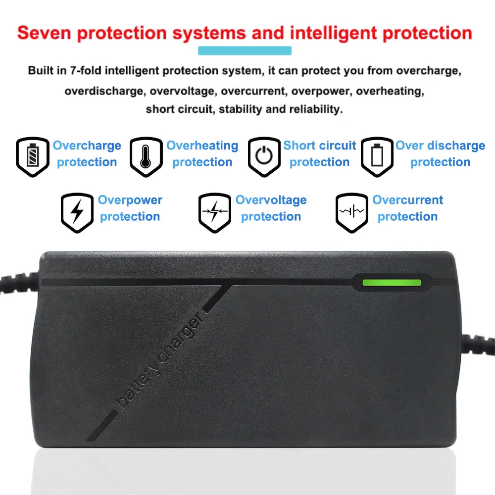 Black battery charger with a green LED indicator light, shown on a white background with promotional text and feature icons detailing its seven protection systems.
