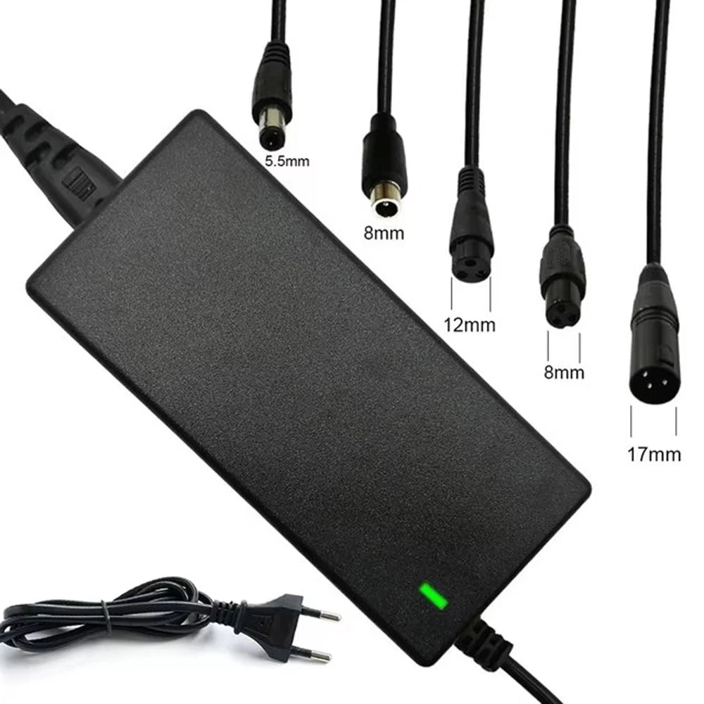 Black power adapter with various connector sizes labeled on a white background
