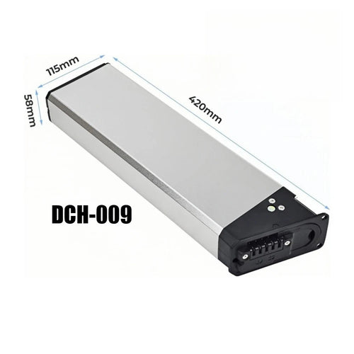 Silver rectangular battery pack with black end caps, shown at an angle on a white background with dimension labels 115mm, 420mm, and 58mm, plus model text DCH-009.
