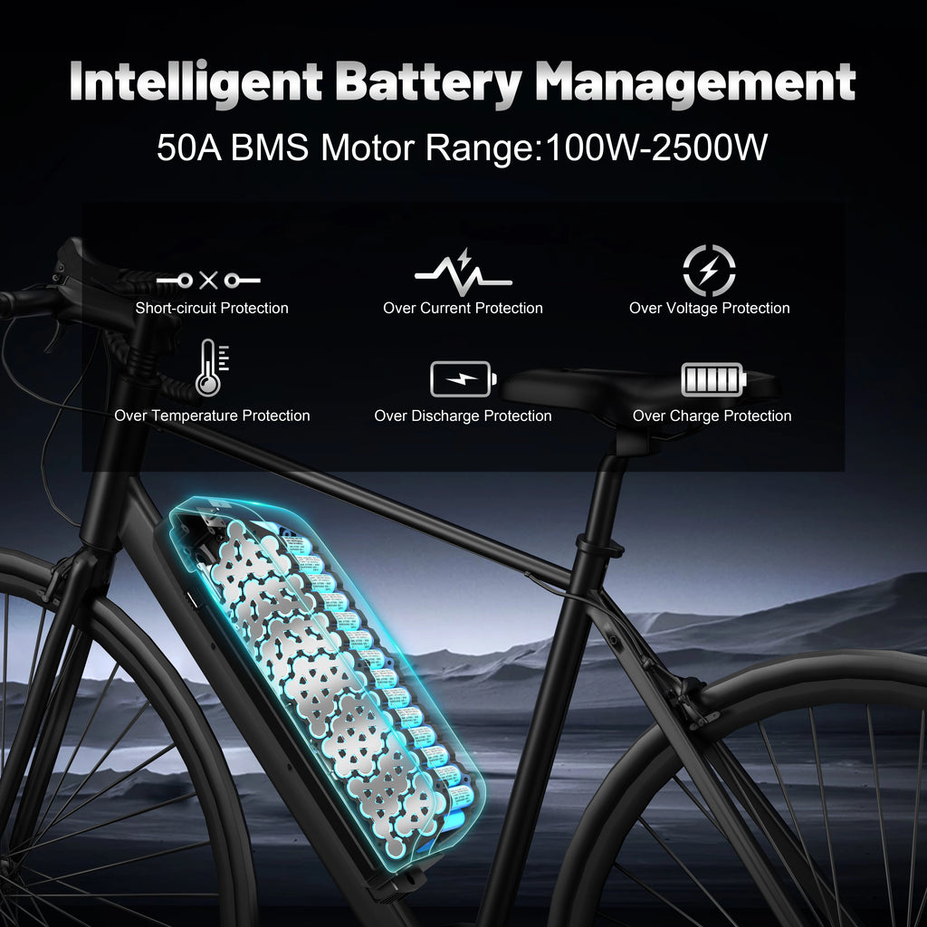 Bicycle with battery pack and intelligent battery management system features on a dark background