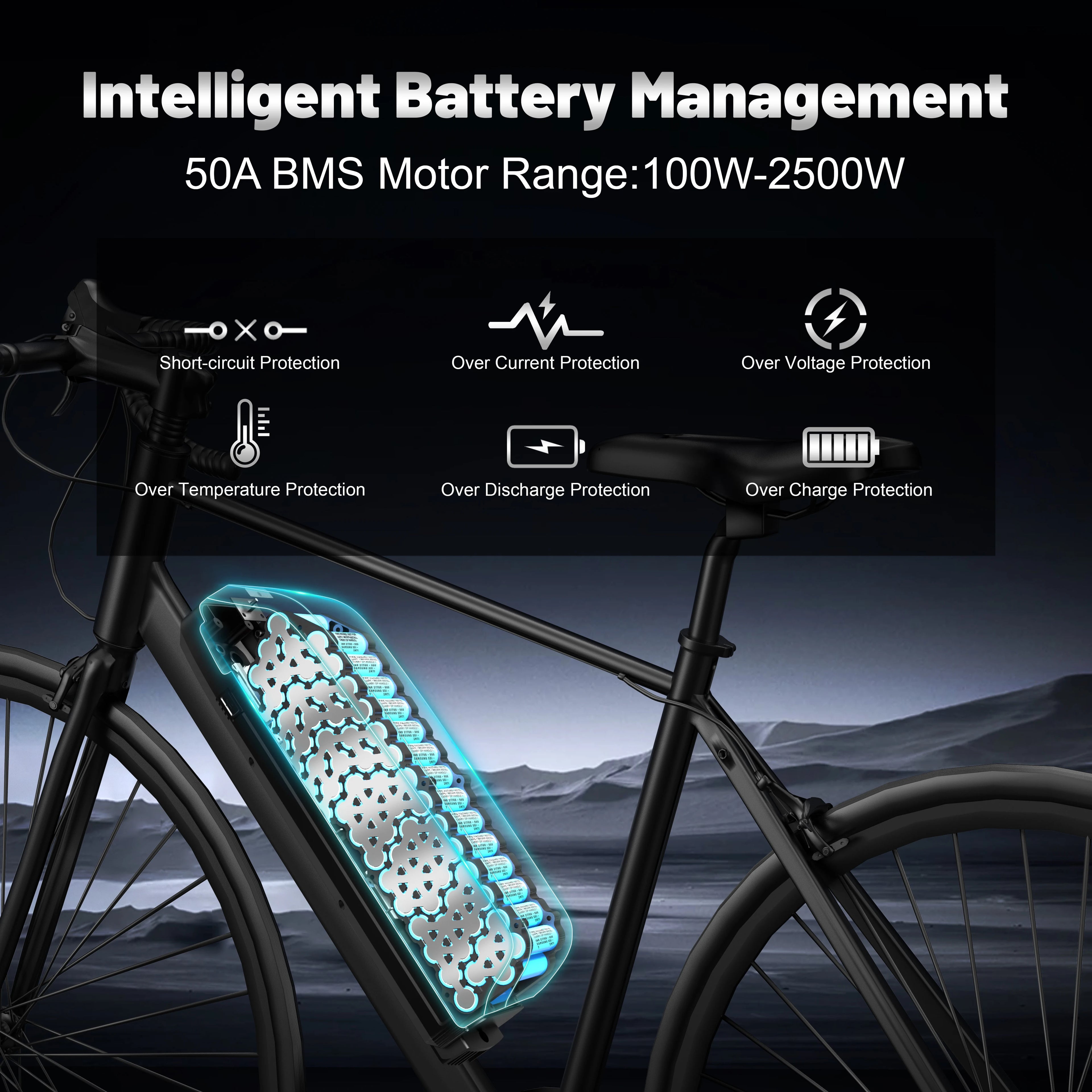 Bicycle with battery pack and intelligent battery management system features on a dark background