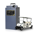 Li-ion battery pack next to a white golf cart on a white background