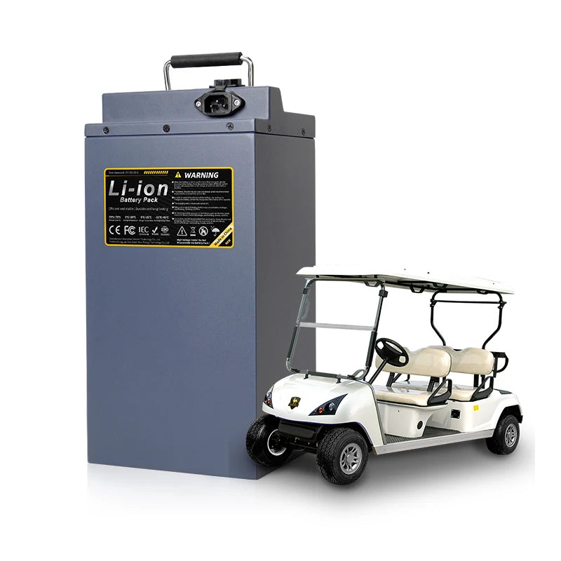 Li-ion battery pack next to a white golf cart on a white background