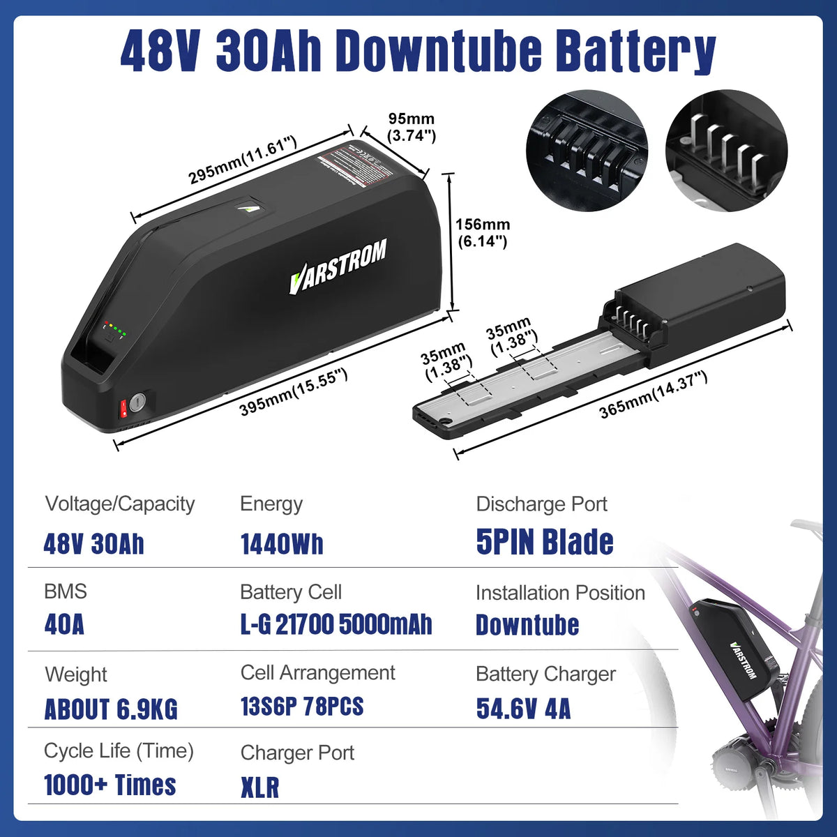 VARSTRON 48V 30Ah downtube bicycle battery with dimensions, technical specifications, and installation tips on a blue graphic background.