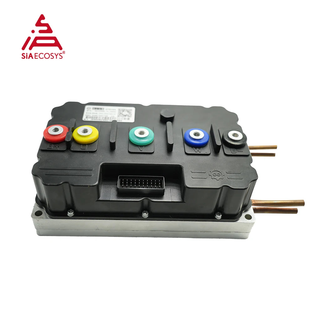 SIAECOSYS industrial power electronic module with a black plastic housing, silver metal base, and five colored terminal caps (red, yellow, green, blue, white) on a white background.