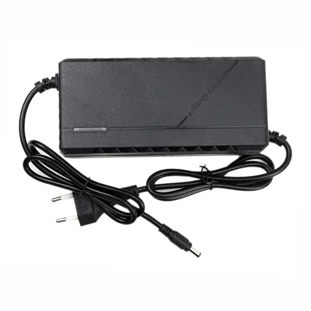 Black rectangular power adapter with attached black power cord and plug, photographed on a plain white background.