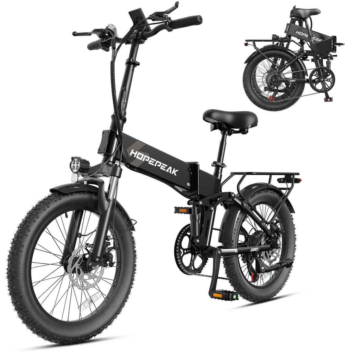 A black Hopepeak folding electric bicycle with fat tires, shown on a clean white background with a smaller inset image in the top right showing the folded version of the bike.