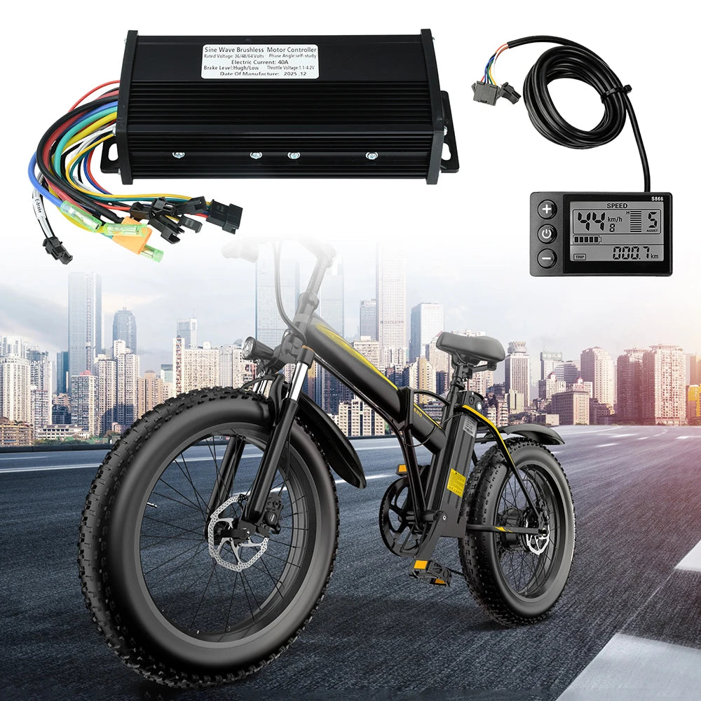 Electric fat tire bicycle kit with a black motor controller, wiring harness, rear light, and digital display screen, shown alongside a black electric bicycle on a city road background.