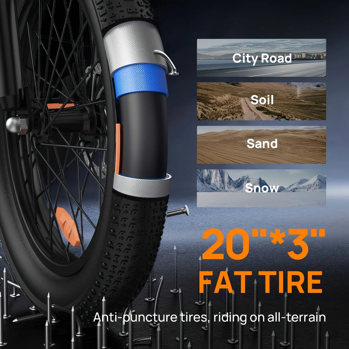 Fat tire with anti-puncture feature on a dark background, showing suitability for various terrains.