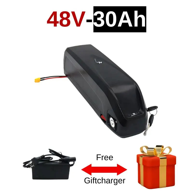 Black battery pack with 48V-30Ah specifications, free gift charger, and red gift box on a white background.