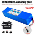 A blue 18650 lithium-ion battery pack labeled 14S2P, shown with a black power adapter, plug icons, and a circular connector diagram on a white background with promotional text.
