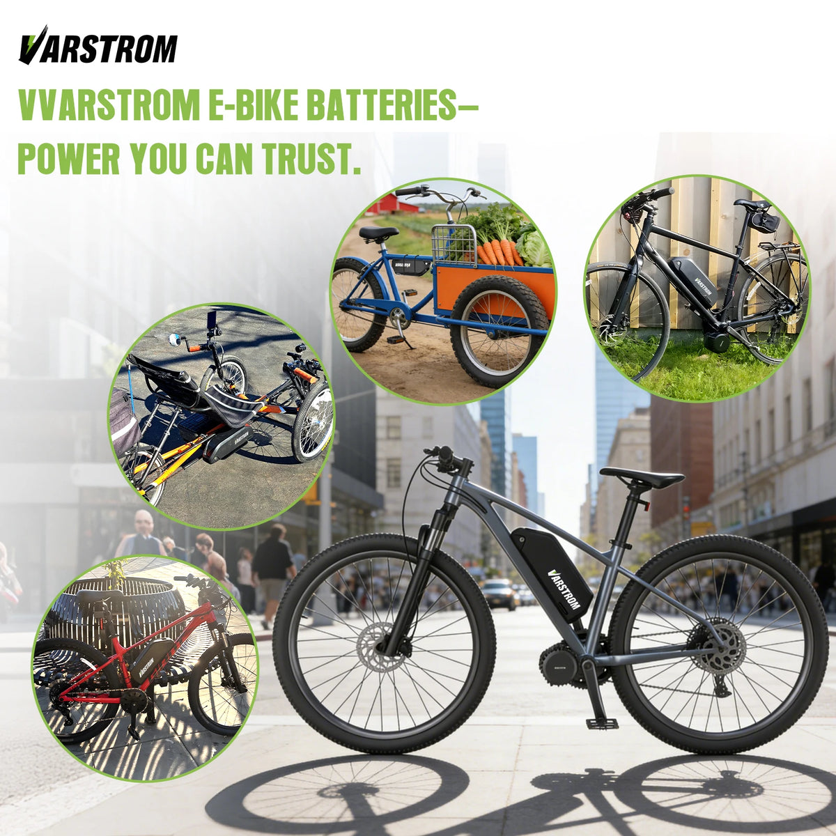 Electric bike with Varstrom branding and images of e-bikes in various settings.