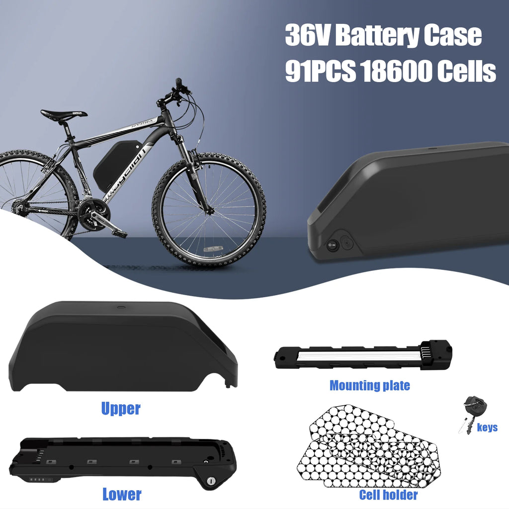 A 36V battery case kit for an electric bicycle, shown with a bicycle, a close-up of the case, and separate components labeled Upper, Lower, Mounting plate, Cell holder, and keys on a blue and white graphic background.