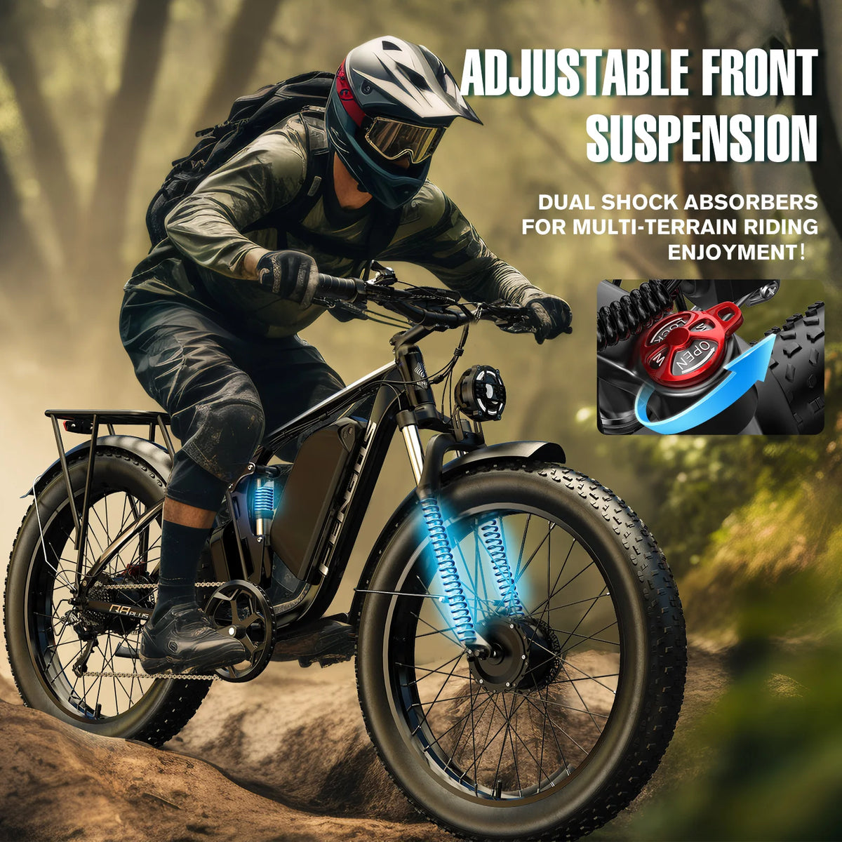 Person riding an electric bike with adjustable front suspension feature highlighted