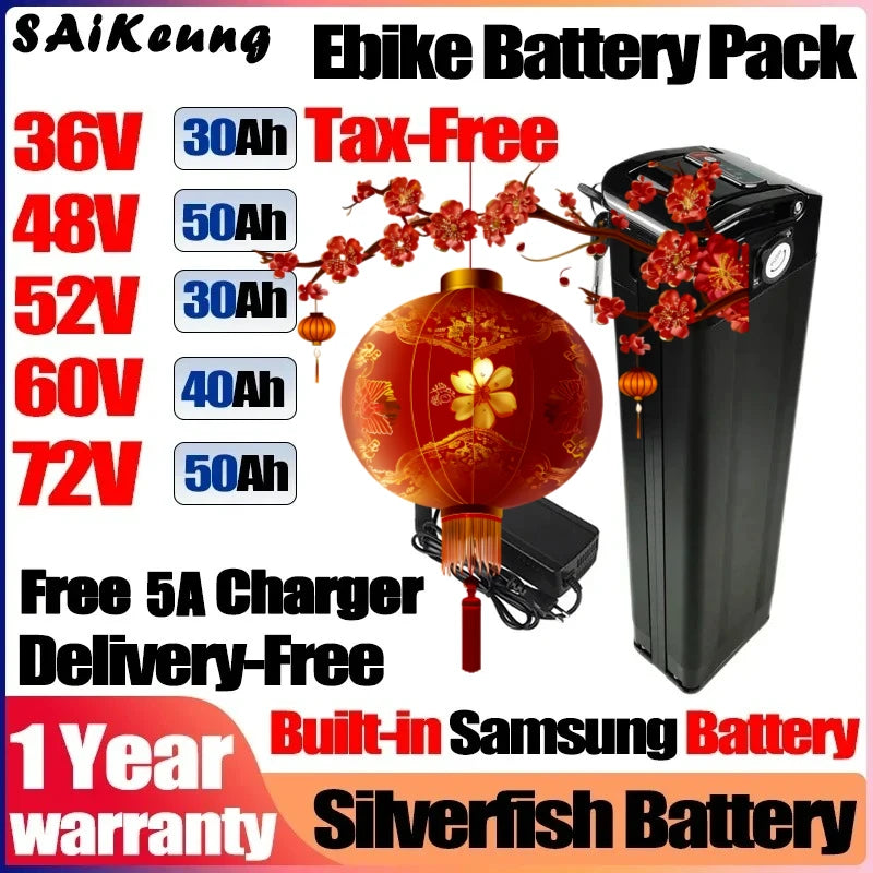 SAiKeung Ebike Battery Pack promotional graphic showing a tall black battery pack, a red decorative lantern, a charger, and large text listing voltages, capacities, 'Tax-Free', 'Free 5A Charger', 'Delivery-Free', '1 Year warranty', and 'Built-in Samsung Battery'.
