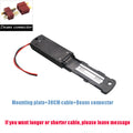 A black rectangular battery terminal cover or mounting plate with a short red-and-black cable and a small inset showing Deans connector plugs. Blue and red text below reads 'Mounting plate+30CM cable+Deans connector' and 'If you want longer or shorter cable, please leave message'.
