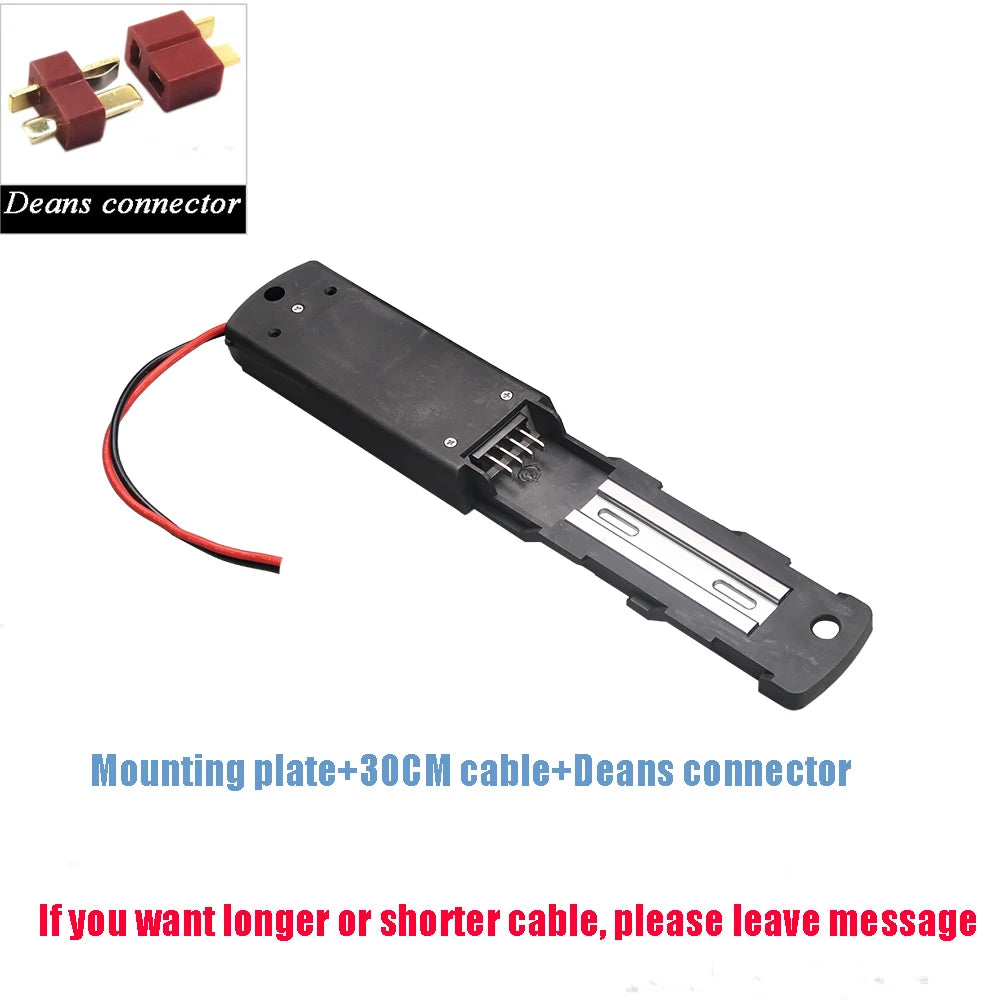 A black rectangular battery terminal cover or mounting plate with a short red-and-black cable and a small inset showing Deans connector plugs. Blue and red text below reads 'Mounting plate+30CM cable+Deans connector' and 'If you want longer or shorter cable, please leave message'.