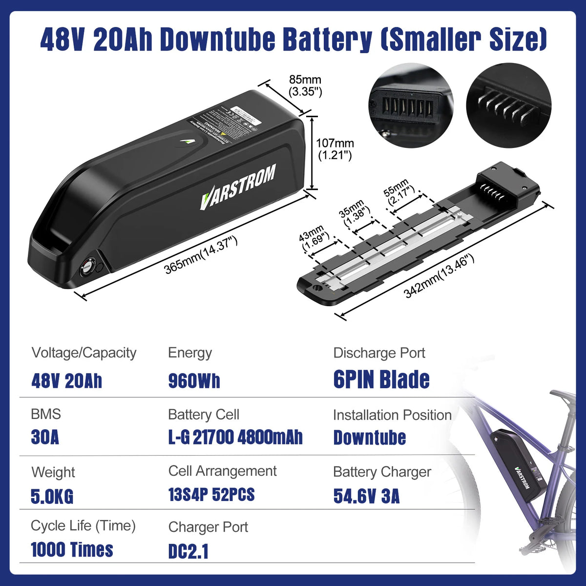 A product infographic for a Varstrom 48V 20Ah downtube battery, showing the battery and charger with detailed dimensions, technical specifications, and a bicycle frame illustration on a white background with a blue border.