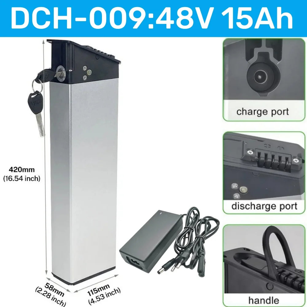 Silver and black rectangular electric bicycle battery with dimensions shown, plus inset close-ups of the charge port, discharge port, and handle. Text at top reads DCH-009:48V 15Ah.